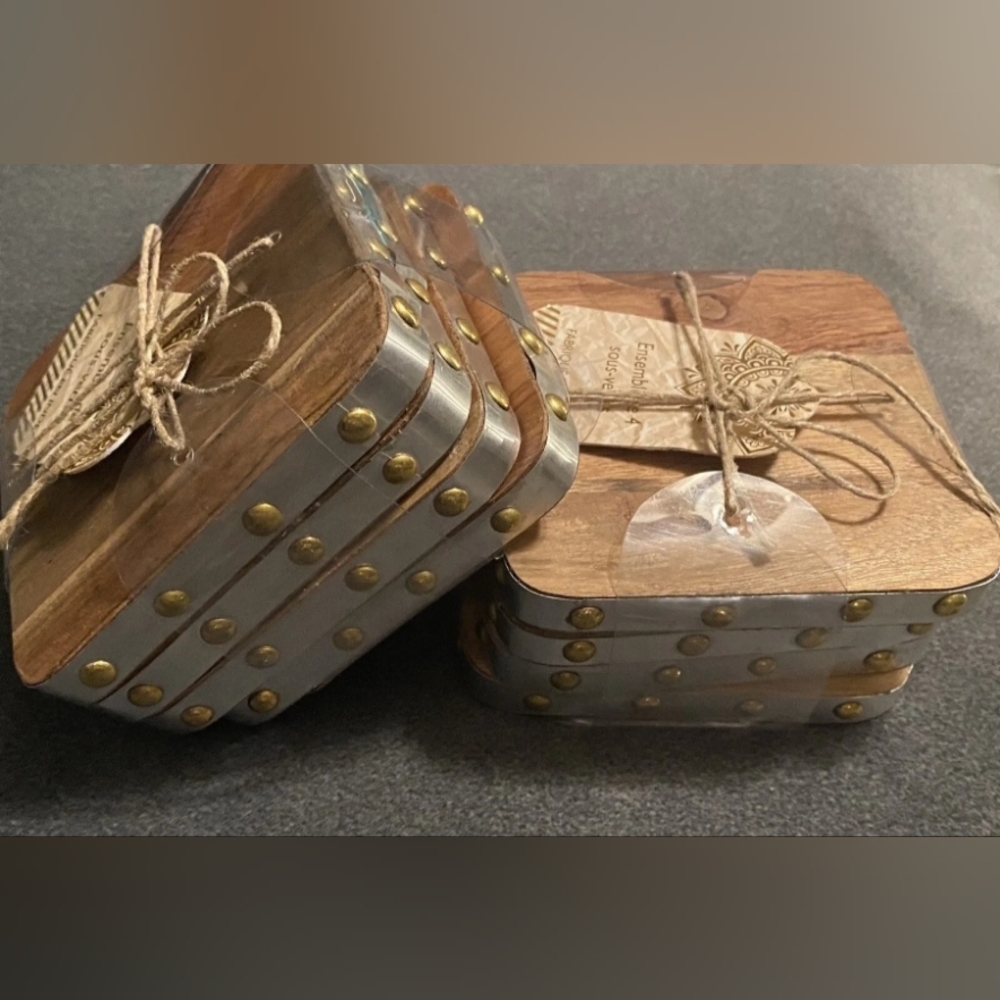 Wooden Handcrafted Coasters Metal Edging & Brass Dotted Detail 2 Sets Of 4 New